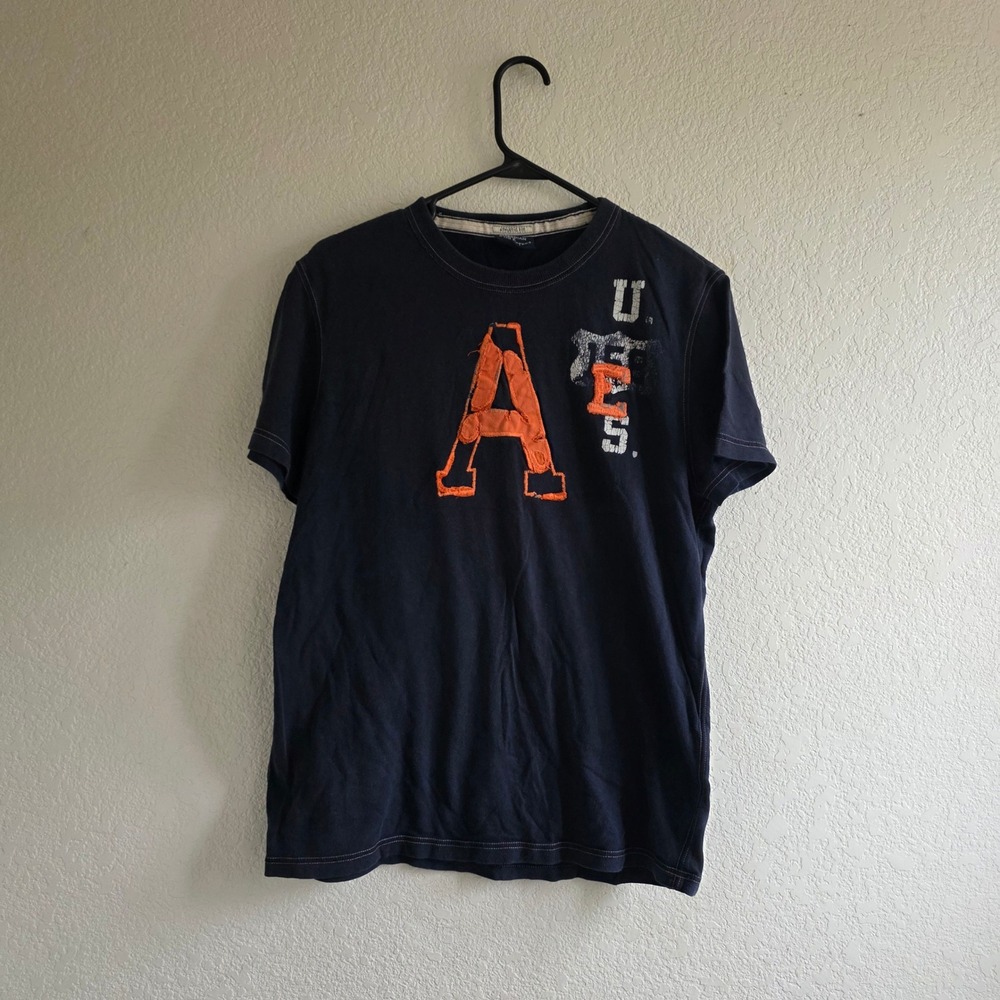 American Eagle Mens Navy Blue Graphic T-Shirt Size M Athletic Fit Distressed